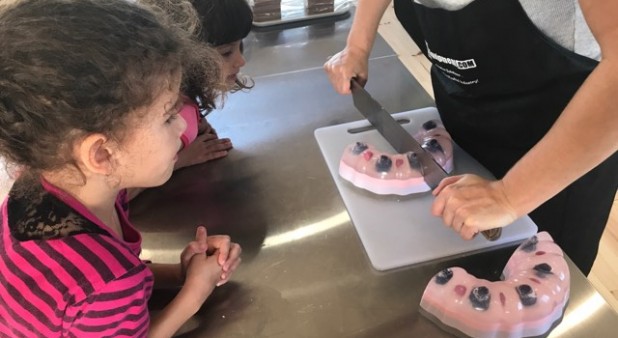 Cutting soap (with a lovely audience!)