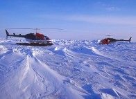 Helicopters on the ice floes of the Îles de la Madeleine