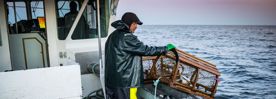 A fisherman is getting ready to put a lobster trap in the water