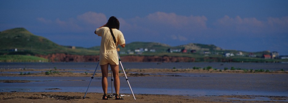 A man with his equipment watches birds in the Îles de la Madeleine