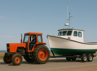 AI-generated image of a tractor towing a trailer with a boat